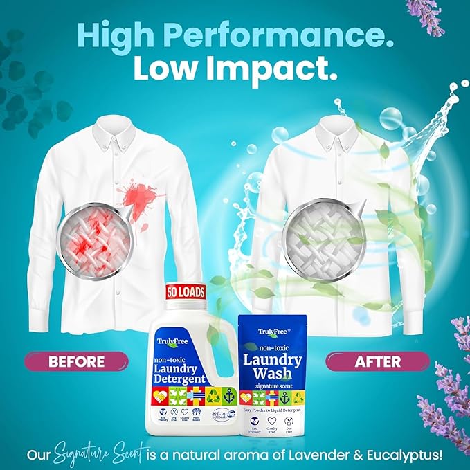 Truly Free Natural Laundry Detergent for Sensitive Skin | Eco Friendly, Plant Based, Baby Clothes Safe | Clean & Easy Powder to Liquid, 6 Pack Refill Detergent, NO Jug | Signature Scent, 300 Loads