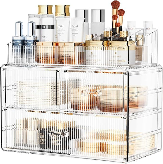 ZHIAI Stackable Cosmetic Organizer, Acrylic Cosmetic Organizer for Dresser, Vanity, Kitchen Cabinet, Bathroom, Under Sink, Home Organization and Storage (1 Top 3 Drawers)