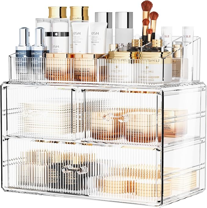 ZHIAI Stackable Cosmetic Organizer, Acrylic Cosmetic Organizer for Dresser, Vanity, Kitchen Cabinet, Bathroom, Under Sink, Home Organization and Storage (1 Top 3 Drawers)