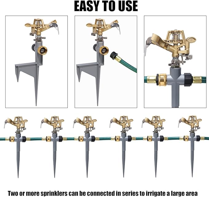 Biswing 2 Pack Impact Sprinkler Head on Metal Step Spike, Heavy Duty Zinc Alloy Lawn Sprinkler, Adjustable Coverage Nozzle on Sturdy Spike Base, 360 Degree Large Area Irrigation