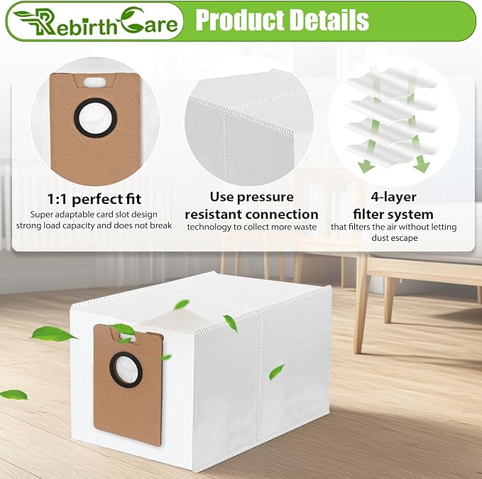 10-Pack Replacement Dust Bags for Tapo RV30 Max Plus/RV20 Max Plus - 4-Layer HEPA Filtration Vacuum Bags with 3L Large Capacity - Disposable Dust Bags for TP-Link Tapo Robot Vacuum Home Cleaning