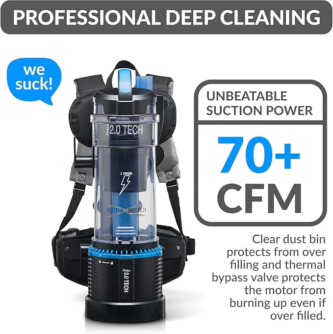 Prolux 2.0 Cordless Battery Bagless Backpack Vacuum Cleaner, Dual HEPA Shield Filtration, Tool Accessory Kit