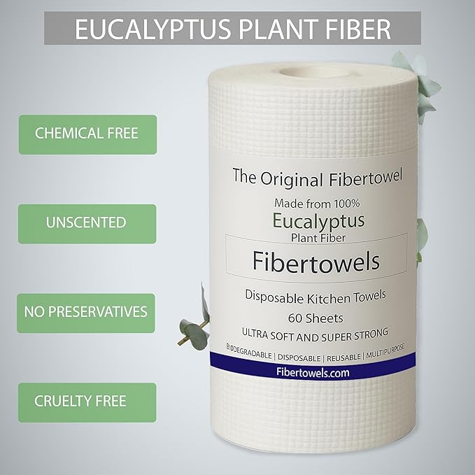 2 Pack Fibertowels Disposable Kitchen Towels Rolls XL 12" x 10", Ultrasoft & Super Strong, Eucalyptus Plant-Based Highly Absorbent Kitchen & Bathroom Cleaning Sheets 120ct