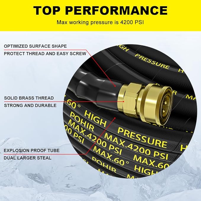 POHIR Pressure Washer Hose 50 ft with 3/8 Inch Quick Connect, Kink Resistant High Tensile Wire Braided,with 2 pcs M22 14mm Adapter Set, 4200 PSI Power Washer Hose