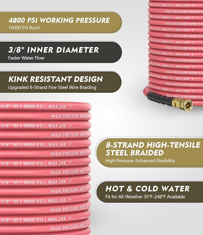 3/8" 4800PSI Pressure Washer Hose 100FT with 360° Swivel Quick Connect, Flexible & Kink Resistant Steel Wire Braided & Durable for Hot/Cold Water, High Power Washer Hose With M22 14mm Adapter