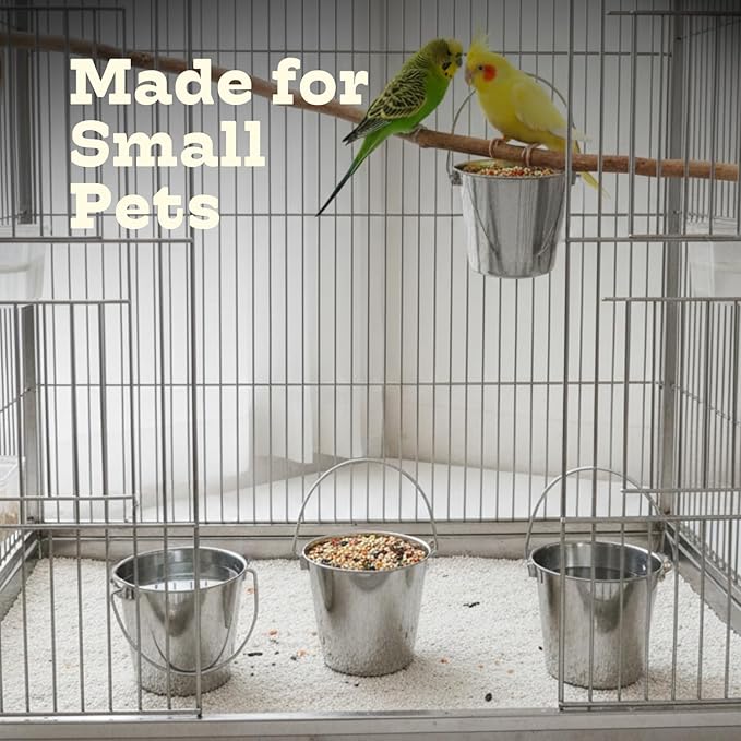 2 quart Heavy Duty Stainless Steel Round Bucket with Handle 4Pcs | 0.5gal Sturdy Food & Water Bowl for Small Birds Dog Cat & Livestock | Fits kennel Crate Cage Farm | Hanging Utility Pail