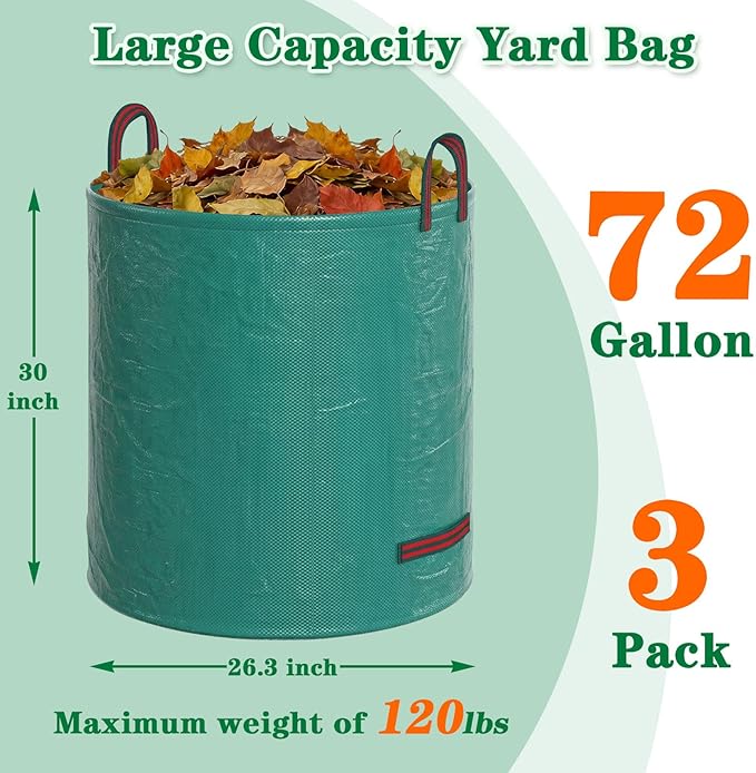 FEED GARDEN 72 Gallon Reusable Yard Waste Bags, 3 Pack Heavy Duty Lawn and Leaf Bags with 4 Reinforced Handles Stand Up for Leaves Grass Clippings Debris Includes Gardening Gloves