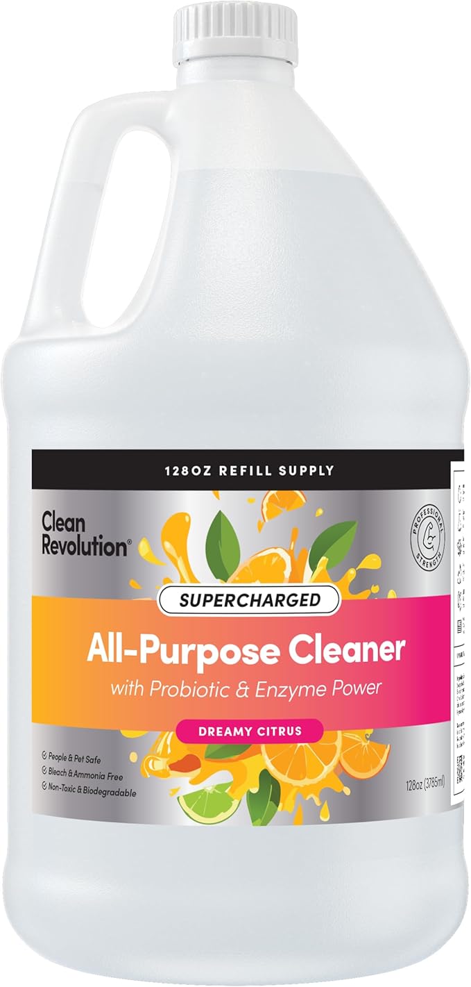 Clean Revolution SuperCharged All Purpose Cleaner Refill with Smart Probiotic + Enzyme Complex, Multi-Surface Kitchen Bathroom & Floor Cleaner, Dreamy Citrus, 128 Fl Oz