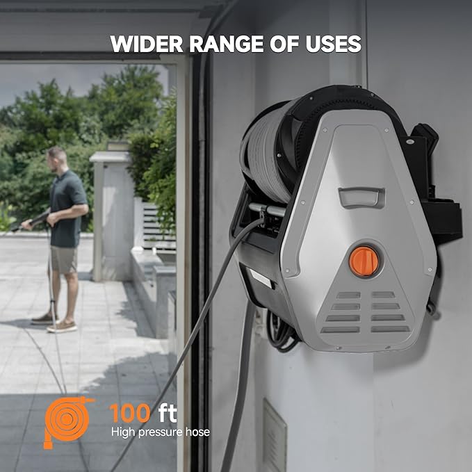 Giraffe Tools Wall Mounted Pressure Washer with 100ft Detachable Hose, Max 2900 PSI 2.2 GPM Electric Power Washer with 1800W Motor, Automatic Rewind, Any Length Locky