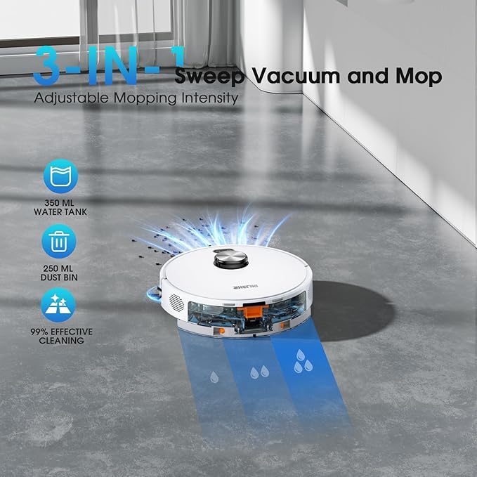 Robot Vacuum and Mop, 3-in-1 Robotic Vacuum Cleaner with 70-Day Self-Emptying Base, 360° LiDAR Navigation & Smart Mapping, 6000Pa Strong Suction for Pet Hair, Carpets & Hard Floors
