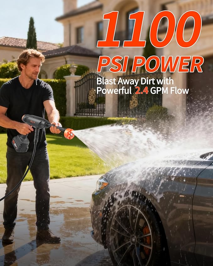 Cordless Pressure Washer Battery Powered; 1100PSI 2.4 GPM Portable Cordless Power Washer with 6-in-1 Nozzle, Foam Cannon, 21V Battery&Charger; Handheld Battery Pressure Washer for Home, Car (5028-9)
