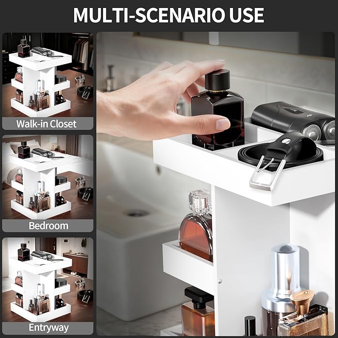 Cologne Organizer for Men, 3-Tier Large Capacity Wood 360° Rotating Cologne Stand, Desk/Nightstand/Bathroom Counter Perfume Storage, Birthday/Father's Day Gifts for Men(White)