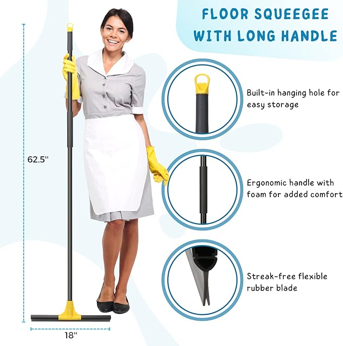 Squeegee Broom for Floor, 18'' Heavy Duty Rubber Wiper with 60'' Long Handle for Bathroom Tile, Garage Concrete, Deck, Shower Glass, Window Cleaning
