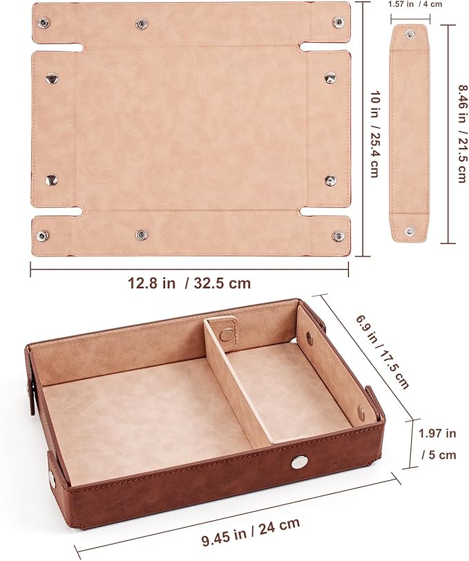 BONNY DODO Valet Tray for Men PU Leather Tray Organizer with Partition, Storage Keys, Watch & Practical Storage for Table Nightstand Living Room Bedroom (khaki)