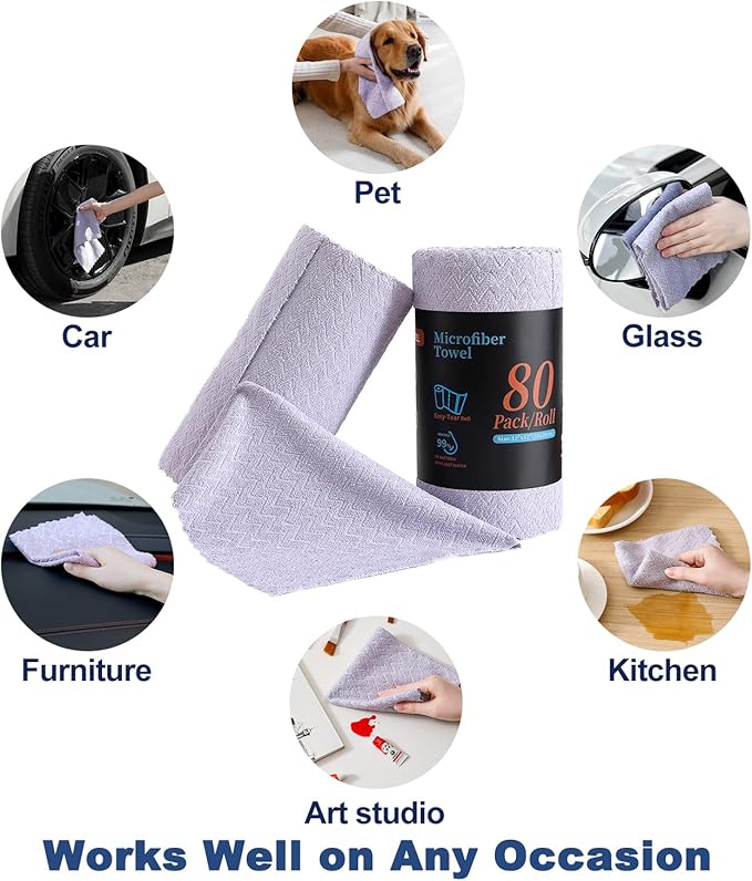 80 Pack Microfiber Cleaning Cloth Roll Reusable Paper Towels 12"x12" Tear Away Cloth,Absorbent Dish Rags for House Kitchen,Wash Cloths,Lint Free Rags for Window Cars Cleaning Supplies