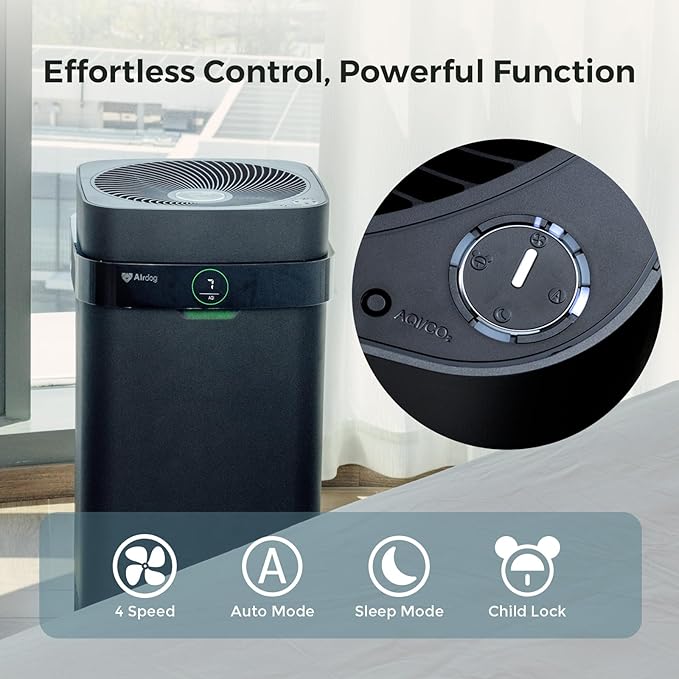 Airdog X5+ Air Purifier for Large Rooms up to 1600 Ft², Smart App Control, Built-In Air Quality Monitor, Washable Filter, TPA Technology 20X More Effective Than HEPA,Black