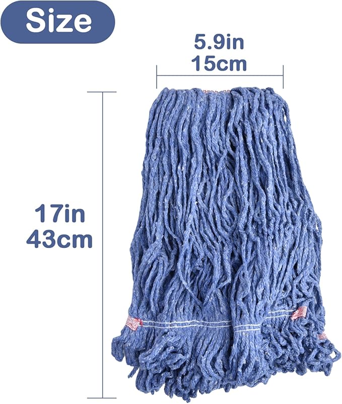 Loop-End Mop Head Replacement, 6 Pack – Commercial & Industrial Mop Heads with 1.25" Headband, Cotton Blend, Machine Washable Blue Mop Refills for Floor Cleaning