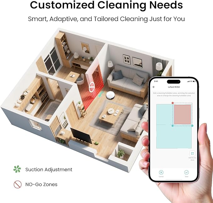 Lefant M350 Robot Vacuum and Mop Combo, 40-Day Self-Emptying, 190° PSD Obstacle Avoidance,6000Pa Suction，Quiet,Smart Navigation,Self-Charging, for Hard Floor, Carpet, Pet Hair,150 Min Runtime.White