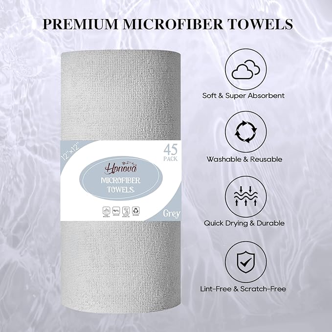 HONOVA Microfiber Cleaning Cloth Roll 90 Pack, Tear Away Microfiber Towels, 12" x 12", Reusable Paper Towels, All Purpose Paper Towels for Kitchen, Window, Car, Shop(Blue&Grey)