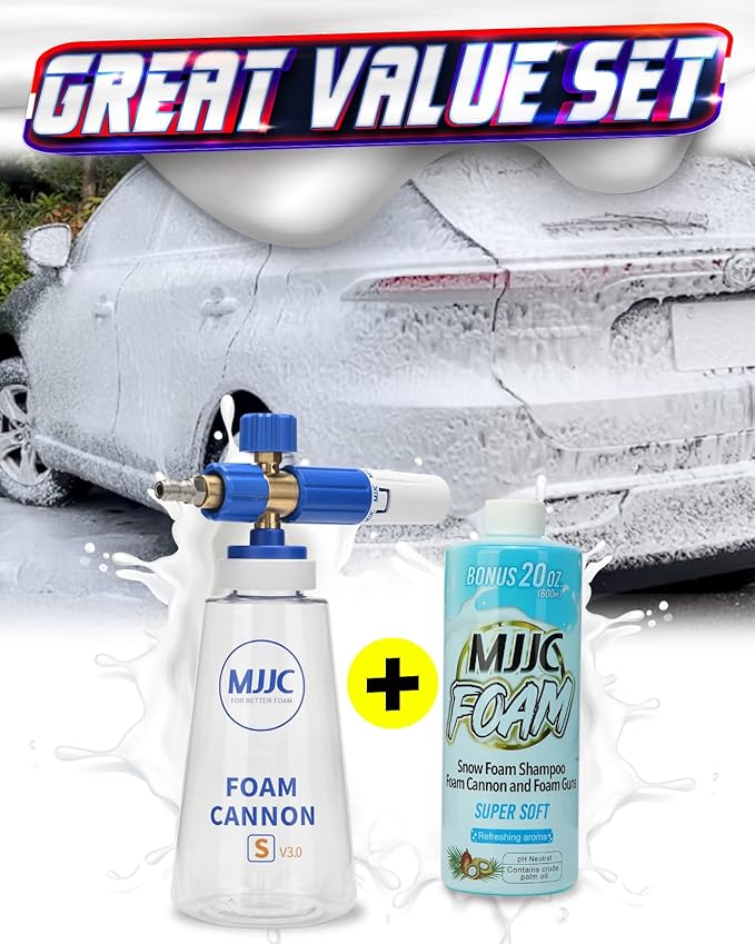 MJJC Foam Cannon S V3.0 (Thicker Snow Foam Technology) with 1/4 Inch Quick Connector for Pressure Washer & MJJC Foam Soap(20 fl oz) Kit