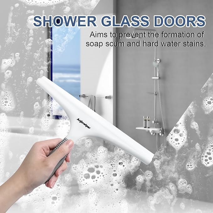 Silicone Shower Squeegee with Hook, Bathroom Squeegee for Shower Glass, Squeegee for Shower Doors, Mirror and Window, Shower Squeegee for Tile Shower Walls(10 inch, White & Gray)