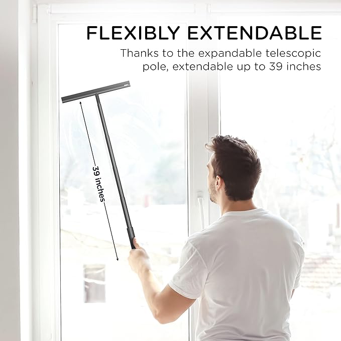 Telescopic Shower Squeegee Black - With Suction Hook & up to 100 cm I Shower squeegee for glass doors Cleaner squiggy for tile and walls Bathroom squeeze for door Long handle sweep & squeegees