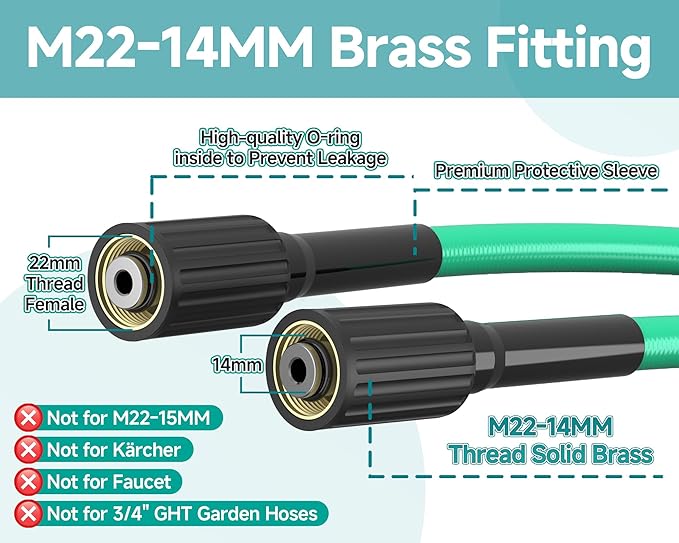 Flexible Pressure Washer Hose 50FT 1/4", 3625 PSI Kink Resistant Power Washer Hose with M22-14MM Brass Fittings, High Pressure Replacement Hose for Gas & Electric Pressure Washers