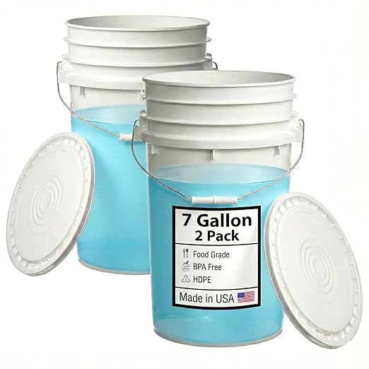 Hudson Exchange 7 Gallon (2 Pack) Large Bucket Pail Container with Easy Peel Lid, Food Grade BPA Free HDPE, Natural
