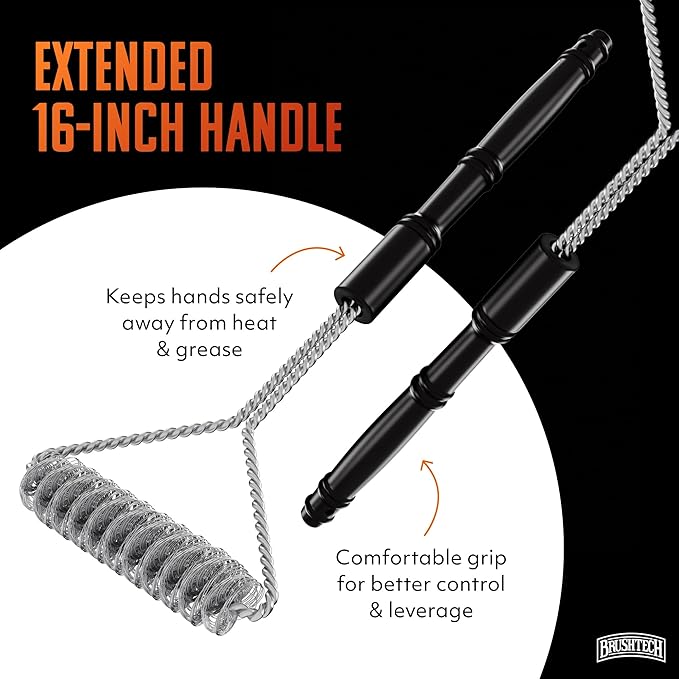 Brushtech Double Helix Grill Brush, 16″ Flat BBQ Grill Cleaner - Bristle‑Free Coil Springs Clean Tops & Sides - Stainless Steel, Long Reach Handle, Heavy‑Duty BBQ Tool for Gas & Charcoal Grates