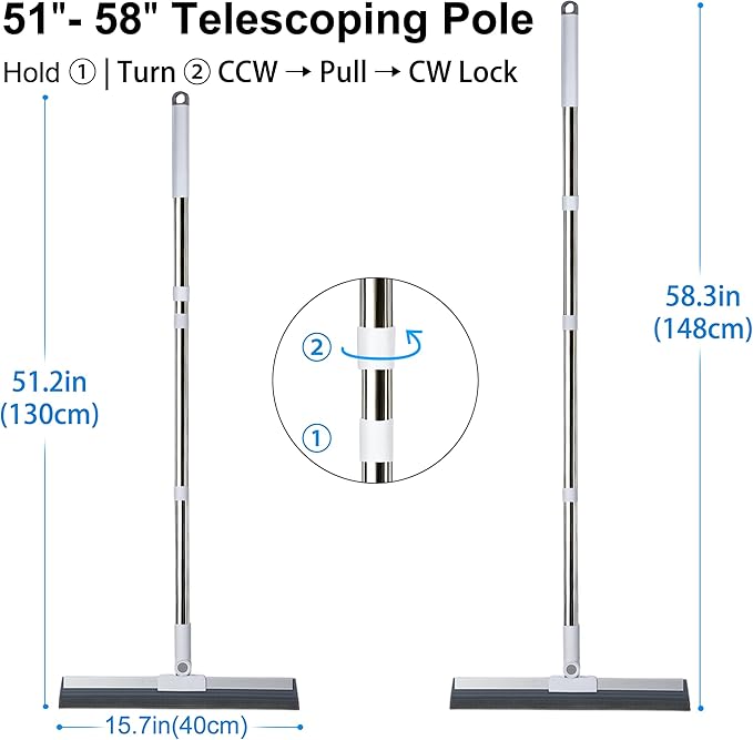 Professional Air Broom for Water & Pet Hair Removal, Floor Squeegee for Tile, Hardwood & Under-Furniture Cleaning with 51″-58″ Telescoping Handle & 180° Rotating Head