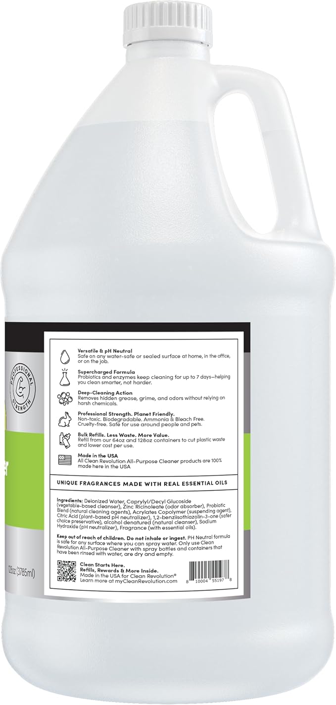 Clean Revolution SuperCharged All Purpose Cleaner Refill with Smart Probiotic + Enzyme Complex, Multi-Surface Kitchen Bathroom & Floor Cleaner, Lily & Green Tea, 128 Fl Oz