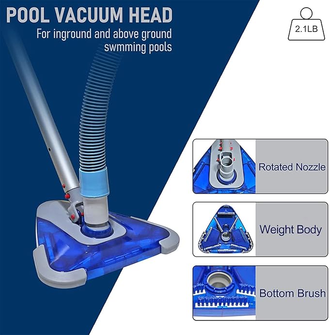 POOLWHALE Professional 1-1/2-Inch x 24-Feet Swimming Pool Vacuum Hoses with Swivel Cuff and Triangular Weighted Flex Vacuum Head, Perfect for Above Ground and Small Inground Pools