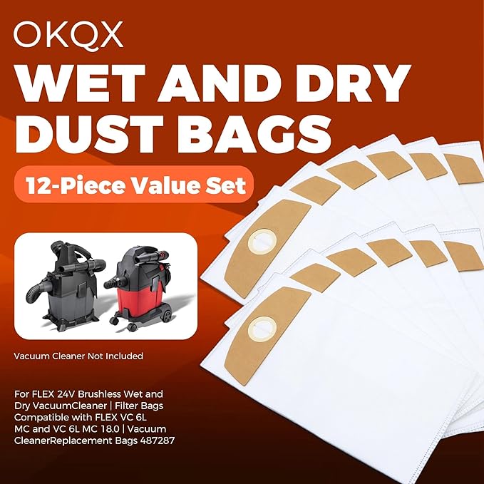 12-Pack Wet/Dry Dust Bags for FLEX 24V Brushless Wet/Dry Vacuum | Filter Bags Compatible with FLEX VC 6L MC & VC 6L MC 18.0 | Vacuum Cleaner Replacement Bags 487287