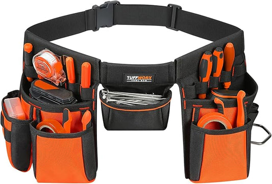 Tool Belt with Multiple Pockets, Heavy Duty Construction Pouch, Black and Orange