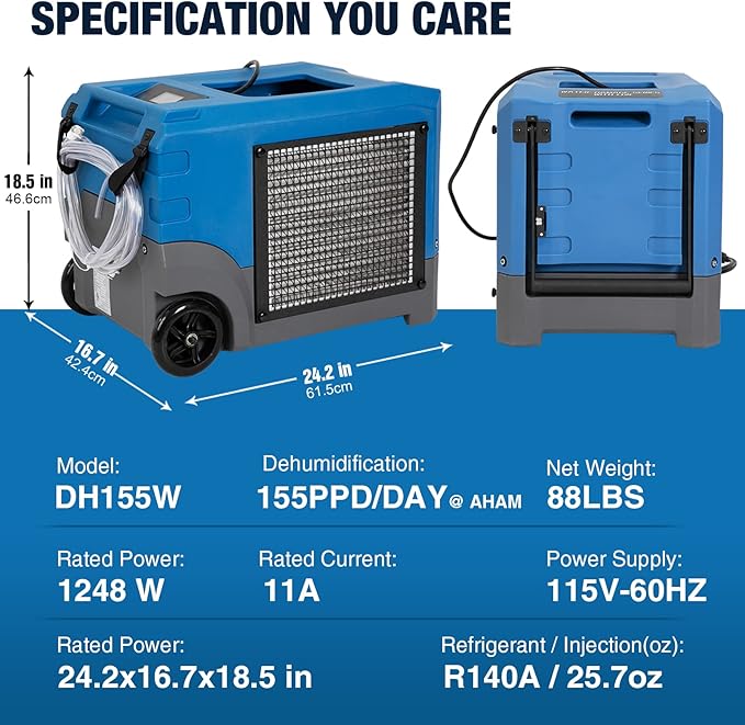 Mounto MOUNTO 268Pints LGR Commercial Compact Dehumidifier with Pump and Drain Hose, LGR Portable Dehumidifier with wheels for Home, Basements, Garages, and Job Sites (Blue)