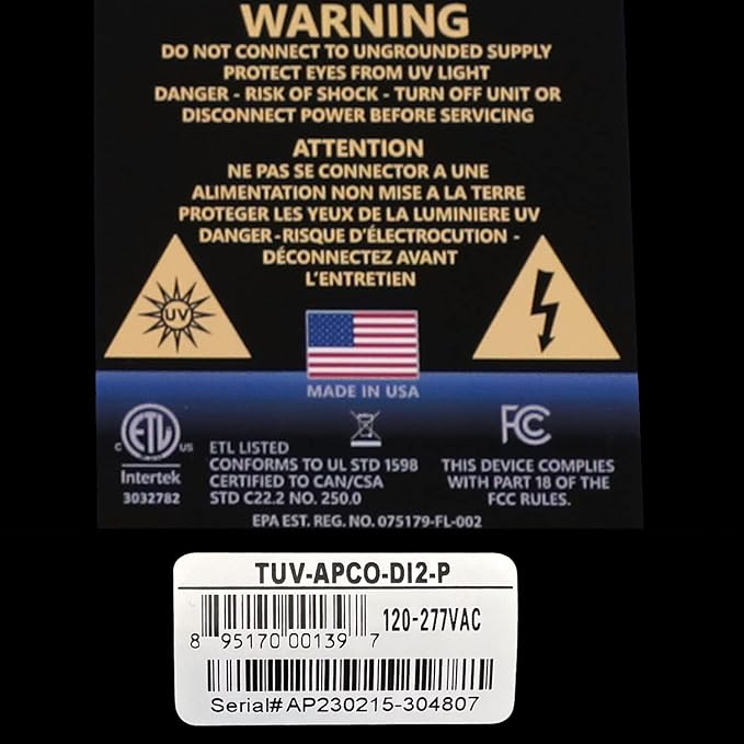 APCO Carbon Matrix Filter HVAC UV Air Purifier, Includes Dual 2-Year UVC Lamp for Coils (120-277 VAC Series) # TUV-APCO-DI2-P