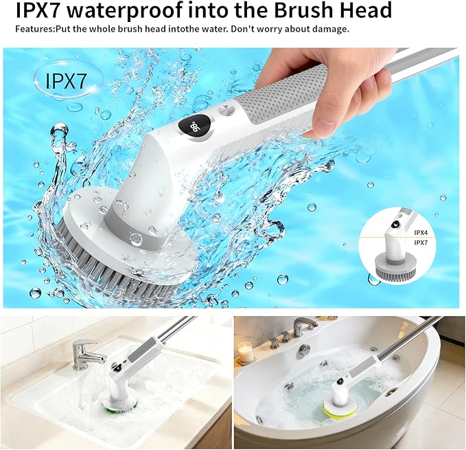 Electric Spin Scrubber, Cordless 20W High-Torque IPX7 Waterproof Cleaning Brush with LED Battery Display, 2-Speed &6 Replaceable Heads & Extendable Long Handle for Bathroom Kitchen Car
