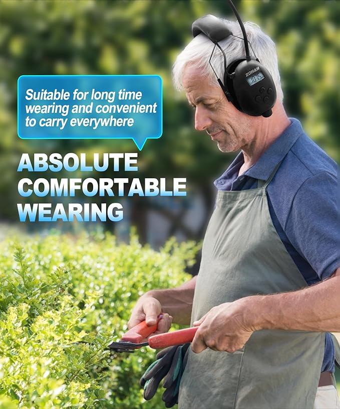 ZOHAN EM042 AM/FM Radio Headphone with Digital Display,Ear Protection Noise Reduction Safety Ear Muffs,Ultra Comfortable Hearing Protector for Lawn Mowing and Landscaping - Black