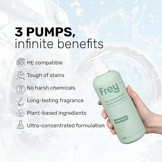 FREY Concentrated Liquid Laundry Detergent | Formulated for Sensitive Skin & HE Washers | Removes Stains Effectively | 50 Loads per Bottle (Cedar Grove & Bergamot Beach)