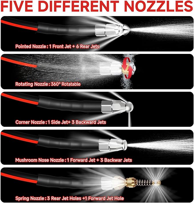 Sewer Jetter Kit for Pressure Washer 50FT, Drain Cleaner Hose 1/4 Inch NPT, NPT Corner Swivel and Push Button Nose Sewer Jet Nozzle Wrenches Gloves Waterproof Tape Pearl Brooch,5800PSI