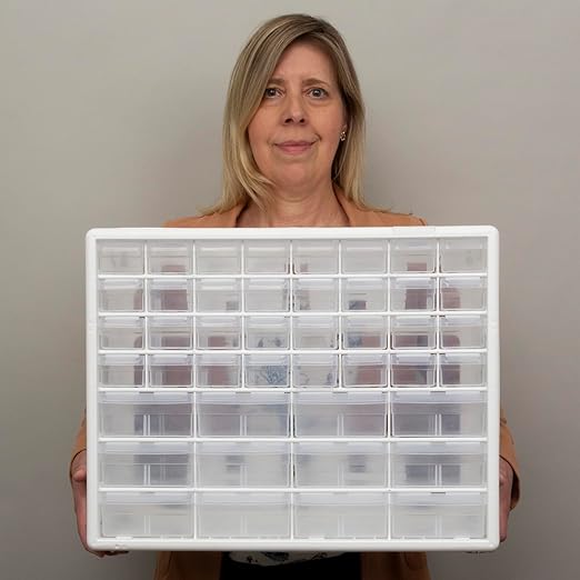 Akro-Mils 44-Drawer Plastic Drawer Storage Cabinet for Garage Organization, Bead Organizer, Building Bricks Storage, Teacher Toolbox, Makeup Organizer, 20-Inch W x 6-Inch D x 16-Inch H, 10144 White