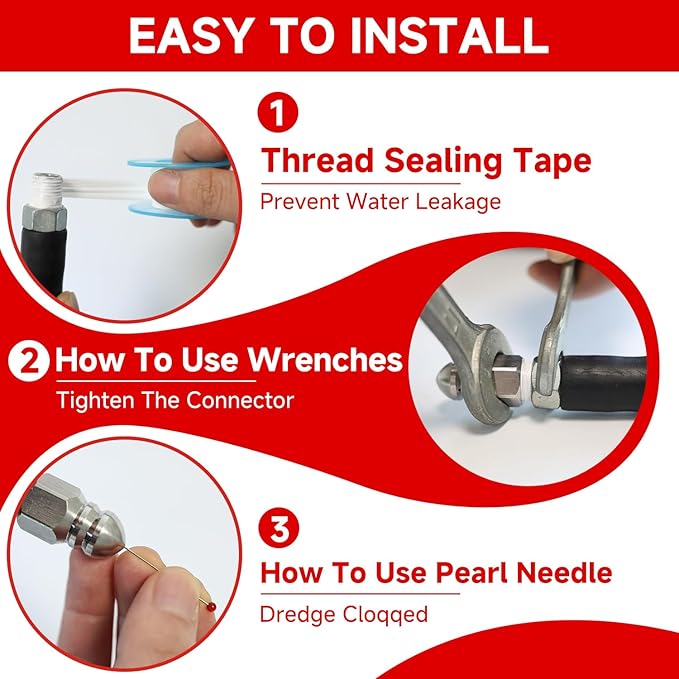 Sewer Jetter Kit for Pressure Washer 200FT, Drain Cleaner Hose 1/4 Inch NPT, NPT Corner Swivel and Push Button Nose Sewer Jet Nozzle Wrenches Gloves Waterproof Tape Pearl Brooch,5800PSI