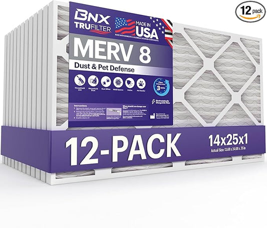 BNX TruFilter 14x25x1 Air Filter MERV 8 (12-Pack) - MADE IN USA – Dust & Pet Defense Electrostatic Pleated Air Conditioner HVAC AC Furnace Filters for Dust, Pet, Mold, Pollen MPR 600 – 700 & FPR 5