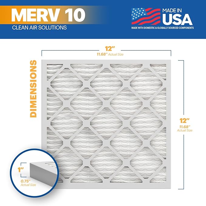 BNX TruFilter 12x12x1 MERV 10 (2-Pack) AC Furnace Air Filter - MADE IN USA - Pleated Air Conditioner HVAC AC Furnace Filters - Removes Odor, Mold, Bacteria, Smoke