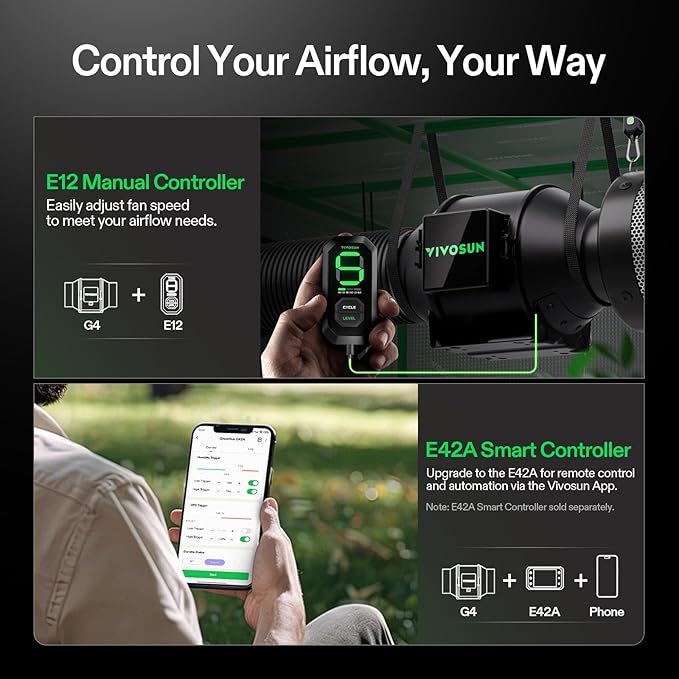 VIVOSUN G4 4" Inline Duct Fan & 3 Cycle Modes E12 Speed Controller, AeroZesh Grow Tent Kit Ventilation Fan with 195 CFM EC Motor, Programmable Exhaust Fan for Heating Cooling Booster, Hydroponics