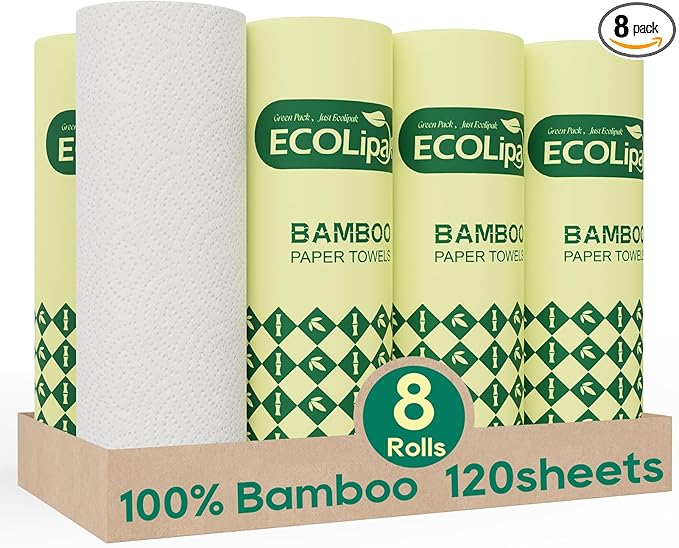 ECOlipak Paper Towels - 8 Rolls, 2 Ply 120 Sheets- Plastic Free, Tree Free, Compostable, Disposable Kitchen Paper Towels, Soft and Absorbent, PFAS Free, White