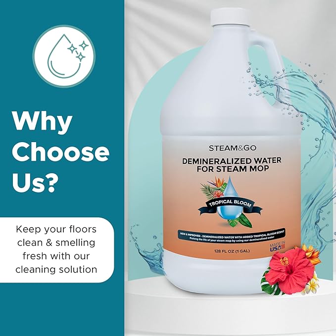 Steam & Go Demineralized Water for Steam Cleaner - PVC-Free Floor Cleaning Solution Compatible for All Steam Mops - Multi-Surface Cleaner for Home Surfaces - Tropical Bloom Scent, 128 Fl oz