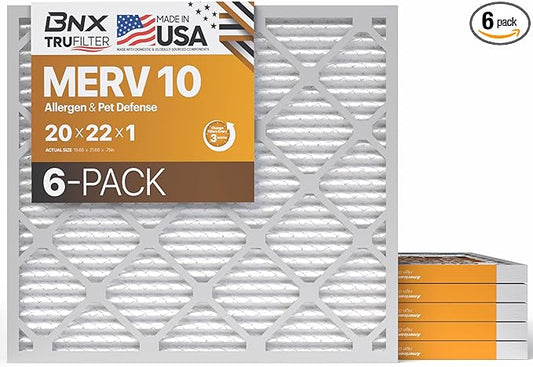 BNX TruFilter 20x22x1 MERV 10 (6-Pack) AC Furnace Air Filter - MADE IN USA - Pleated Air Conditioner HVAC AC Furnace Filters - Removes Odor, Mold, Bacteria, Smoke