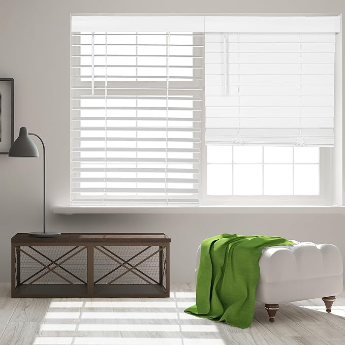 CALYX INTERIORS Faux Wood Blinds with Classic Valance, Cordless, 2" Slat, 21" W x 73" H, Blinds for Indoor Windows, Room Darkening Window Blinds for Home Interior Windows and Doors, Pure White