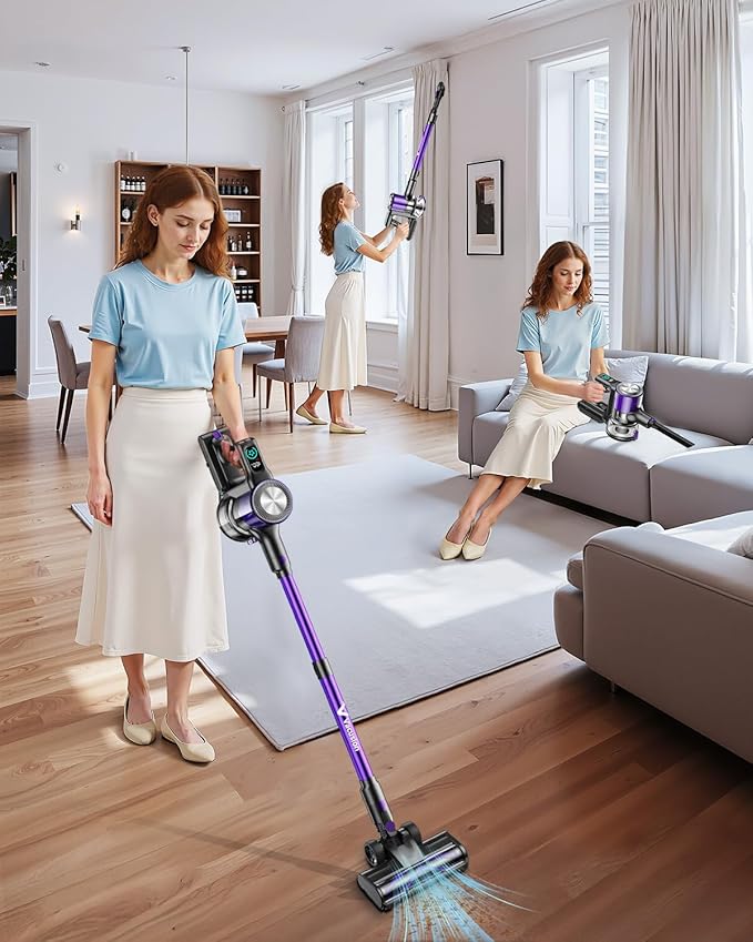 Cordless Vacuum Cleaner, 8-in-1 Cordless Stick Vacuum Cleaner with 3 Suction Modes, Up to 45mins Runtime, Rechargeable, Self-Standing, Vacuum Cleaners for Home Pet Hair Carpet Car Hard Floor, Purple